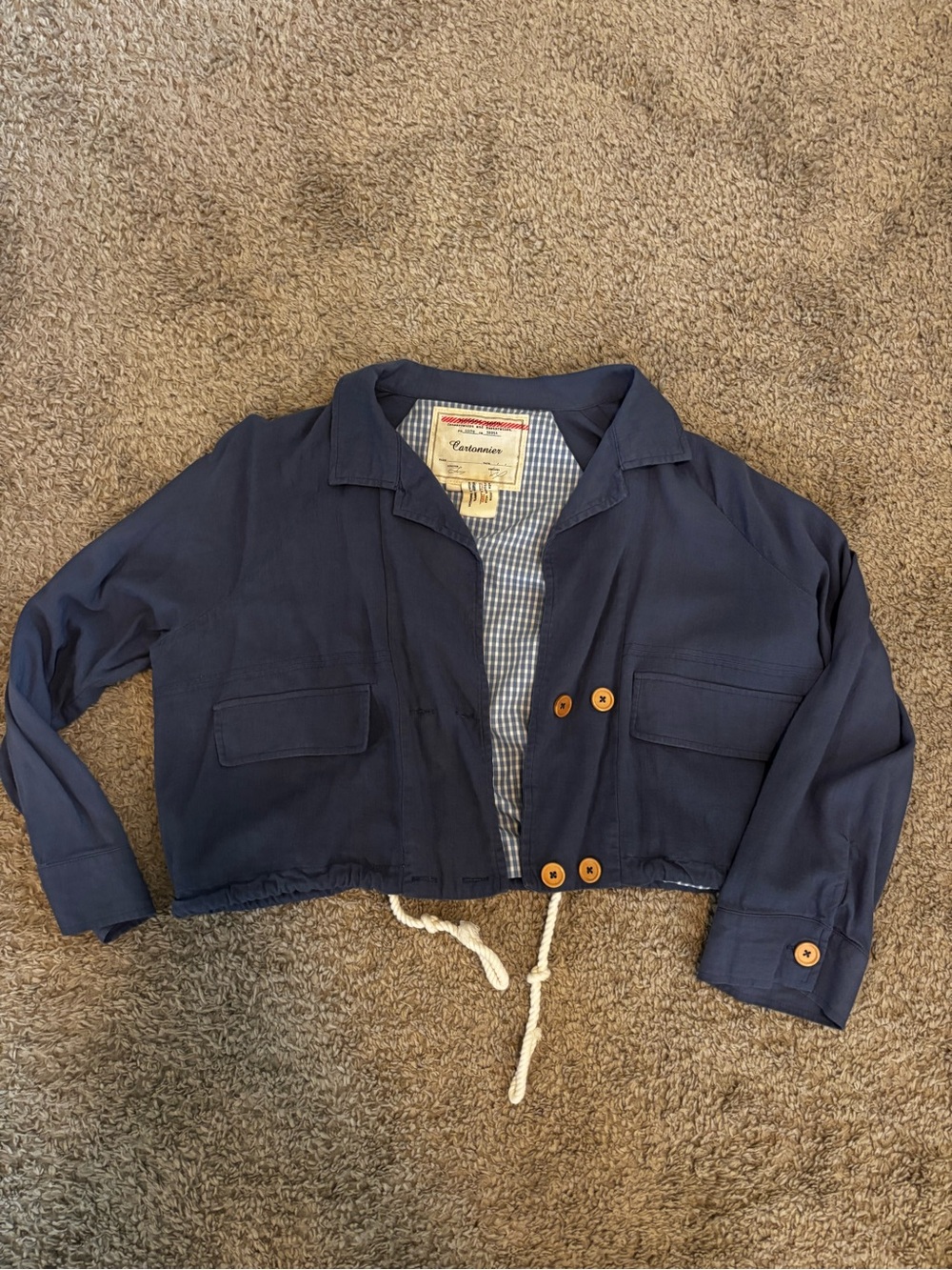 Cartonnier Navy Drawstring Crop Jacket with Button Front